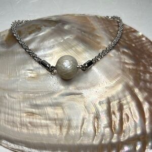Engraved White "Dragonball" Freshwater Pearl Silver Bracelet